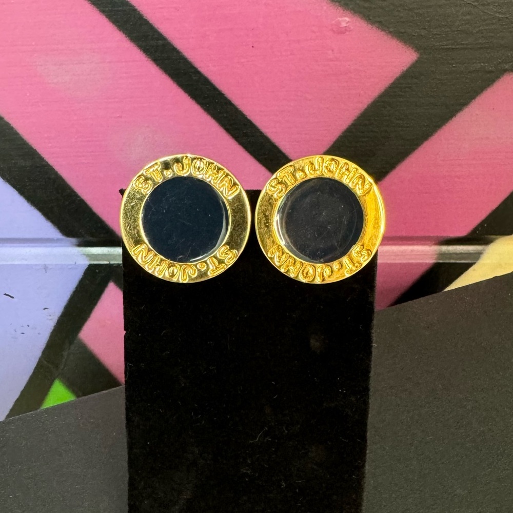 EUC St. John Navy and Gold Disc Clip Earrings